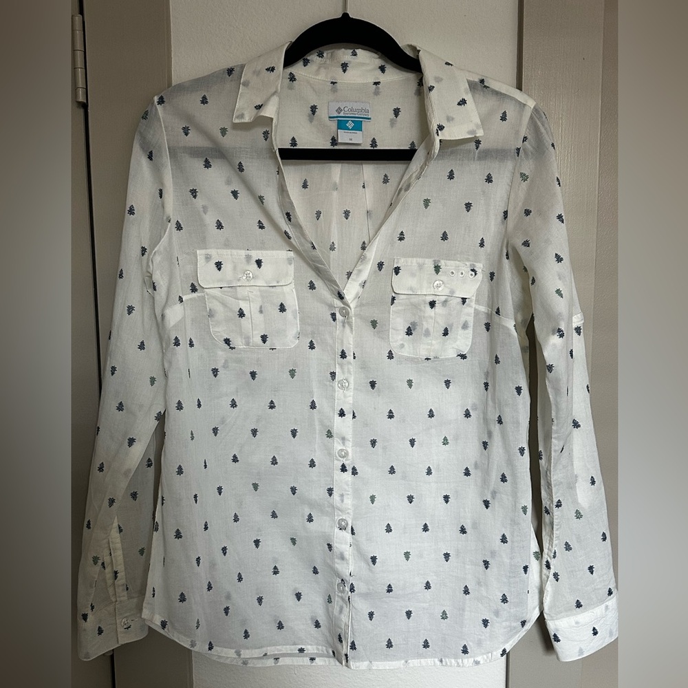 Columbia White Shirt with Blue/Green Tree Pattern